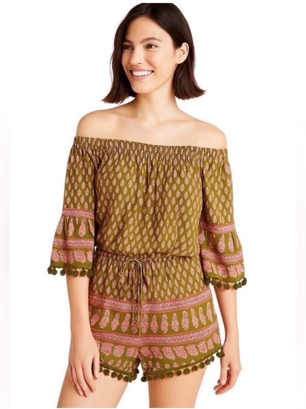 Anthropologie Raga Kassie Pom Pom Romper Olive Pink Boho Small